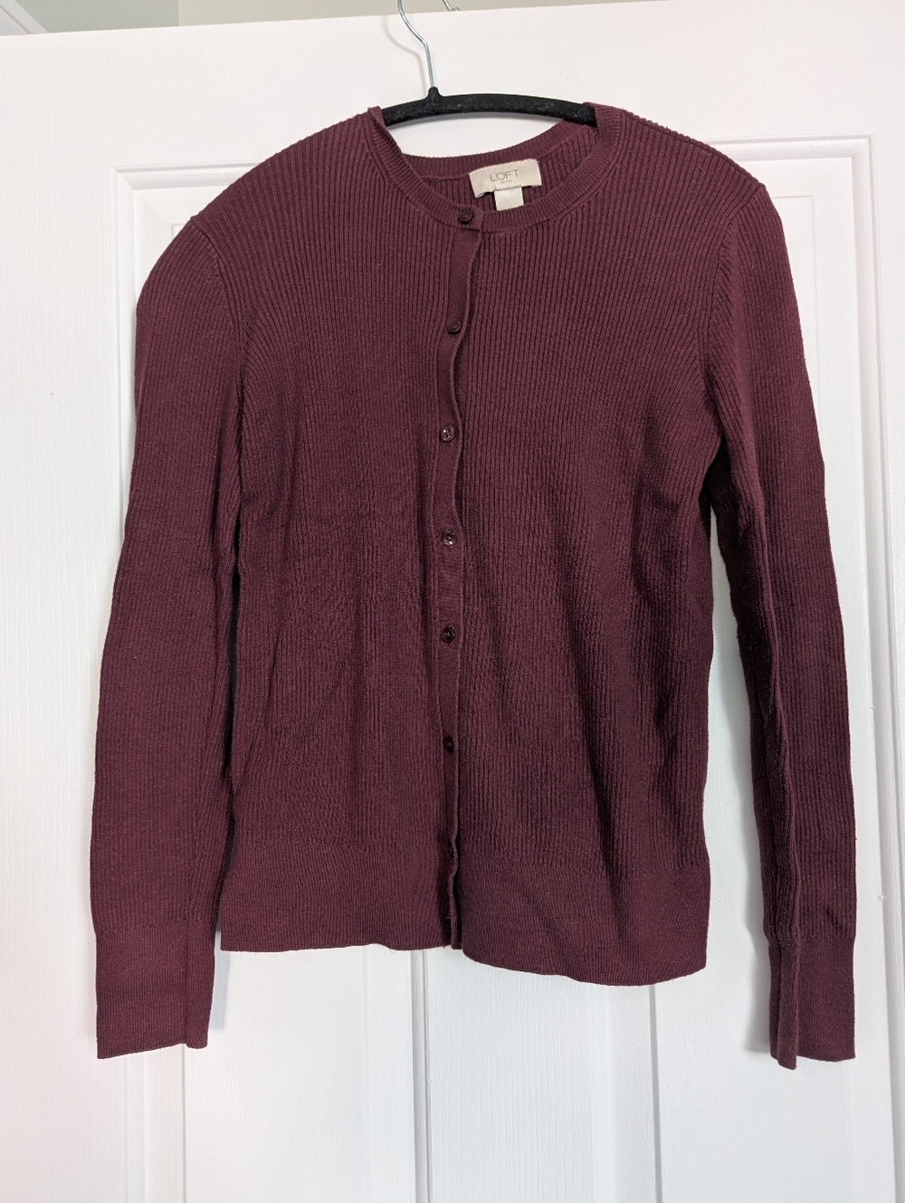 LOFT Ribbed Button-Front Cardigan in Plum - Picture 3 of 4